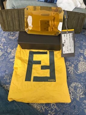 Fendi Olive Suede Belt with Amber Resin Shield Buckle